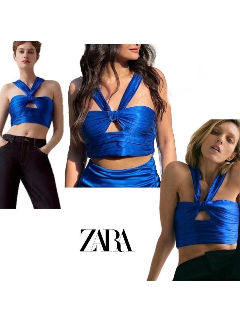 Zara Royal cobalt blue satin effect ruched cut out front knot halter crop top S
